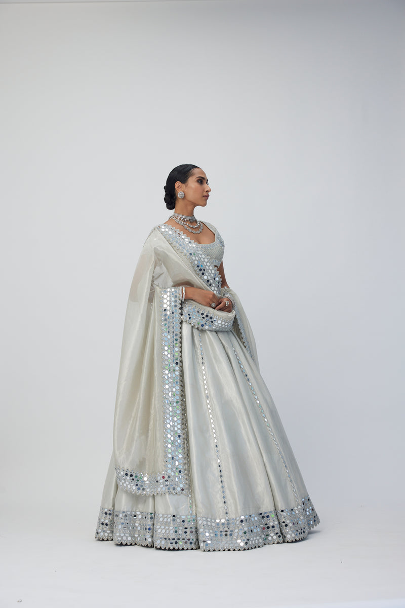 Silver Shimmer Organza Linear Lehenga Set