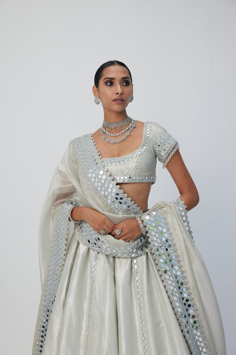 Silver Shimmer Organza Linear Lehenga Set