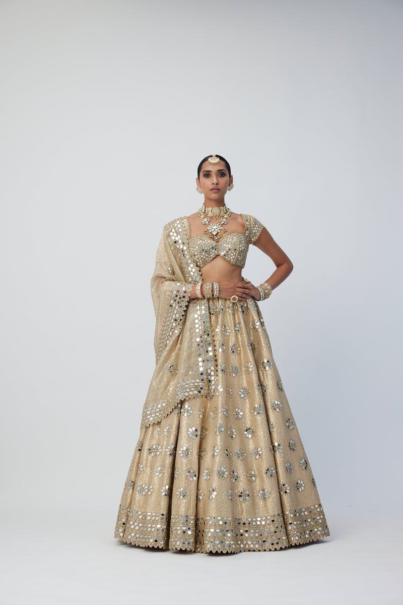 Golden Shimmer Organza Flower Lehenga Set