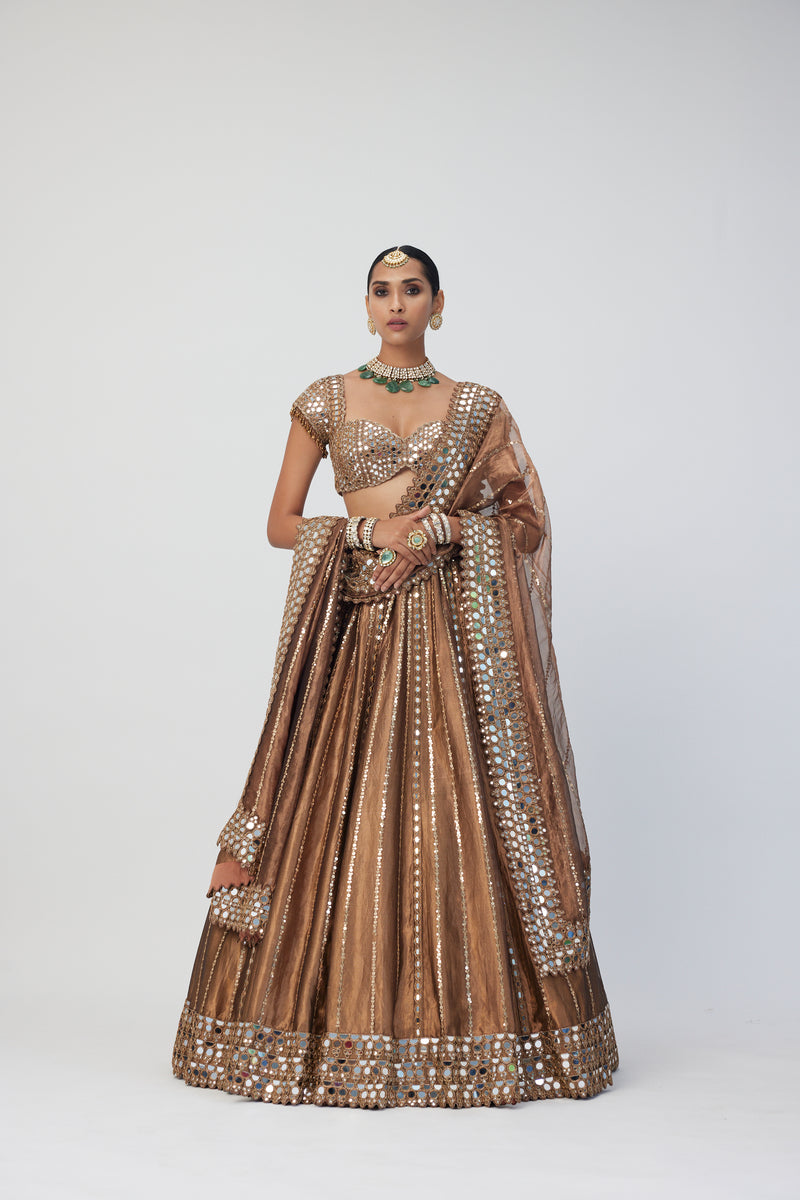 Copper Shimmer Organza Linear Lehenga Set