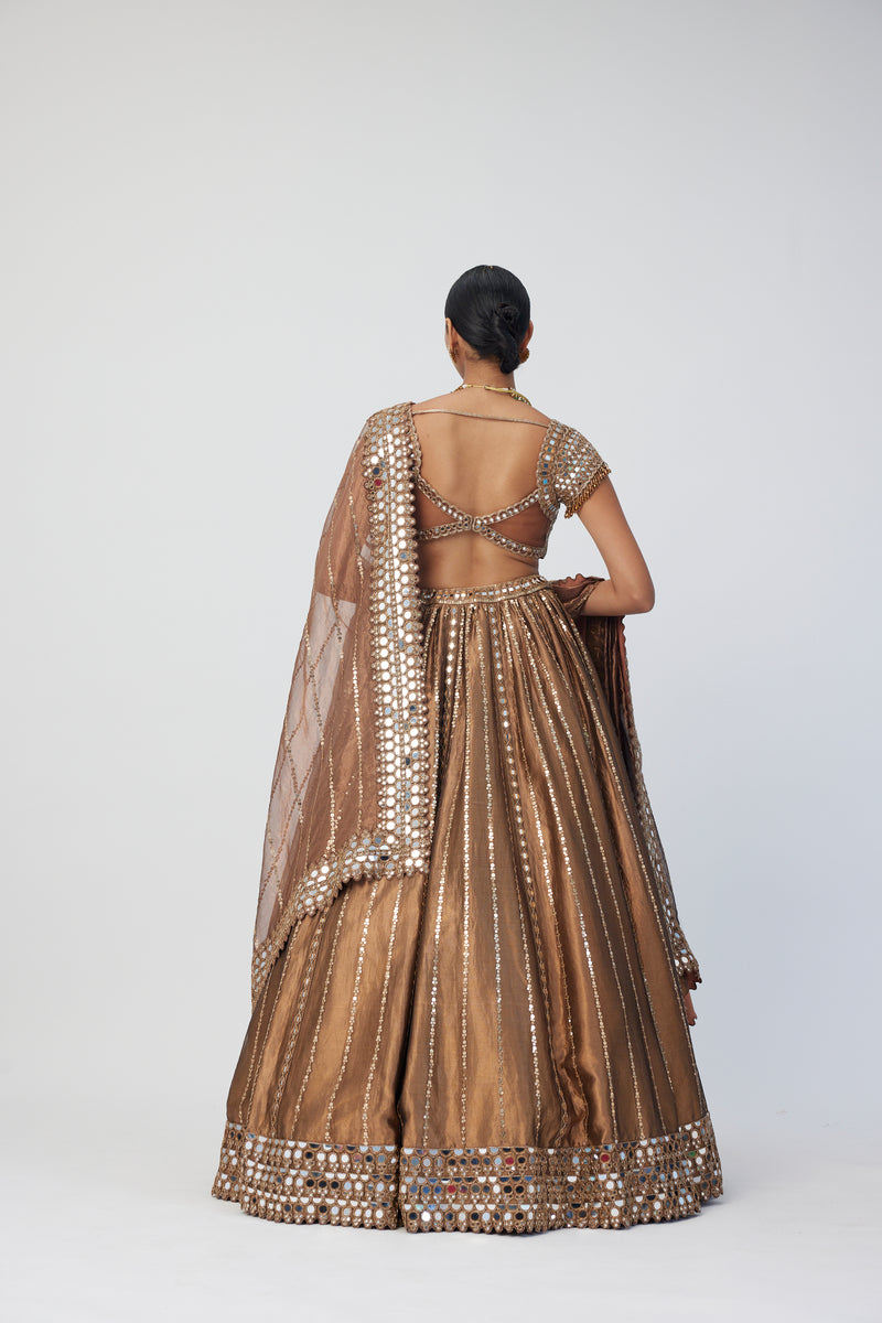 Copper Shimmer Organza Linear Lehenga Set