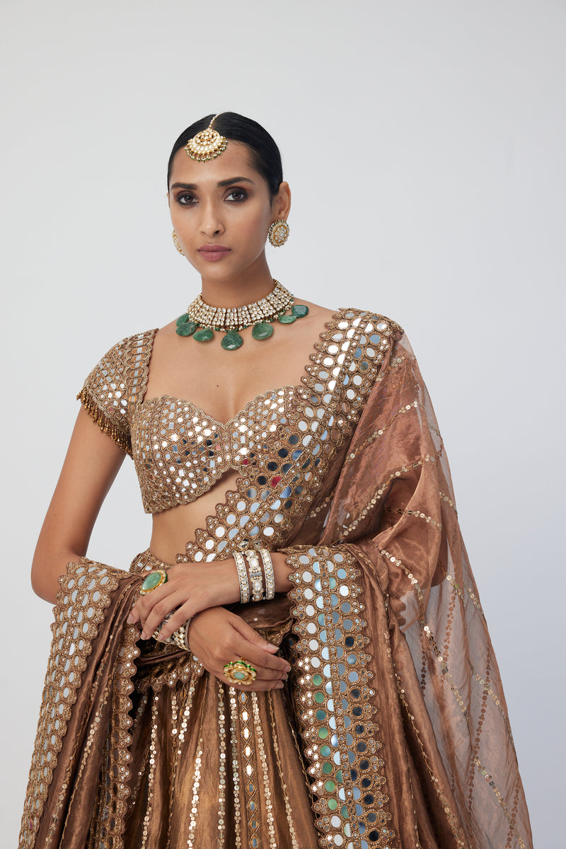 Copper Shimmer Organza Linear Lehenga Set