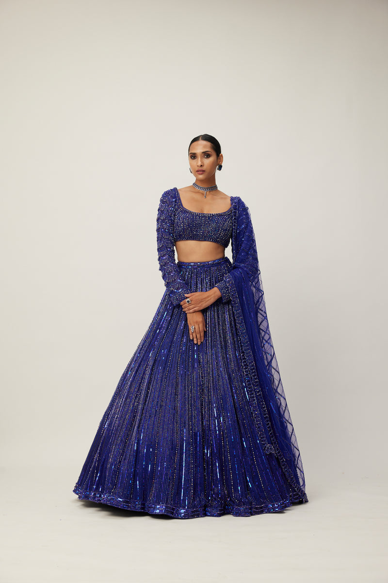 Cocktail blue Crystal linear Embroidered Lehenga Set