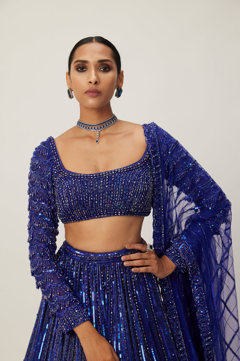 Cocktail blue Crystal linear Embroidered Lehenga Set