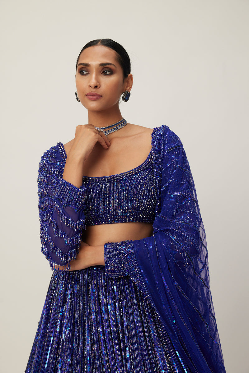 Cocktail blue Crystal linear Embroidered Lehenga Set