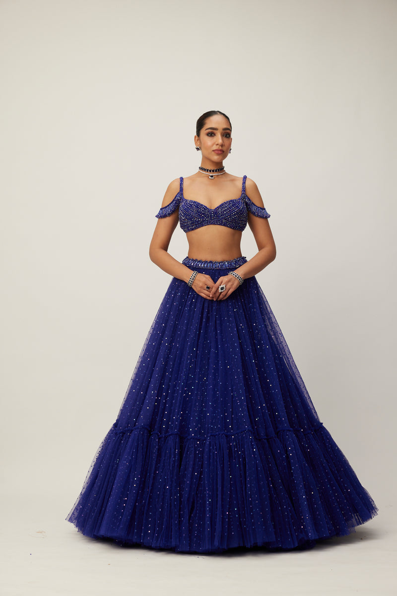 Cocktail Blue Sequins Scattered Tulle Lehenga Set