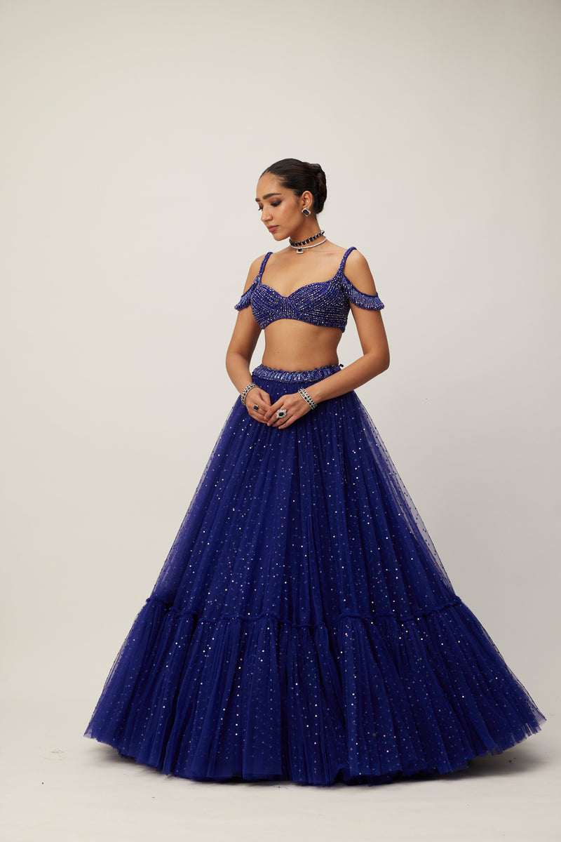 Cocktail Blue Sequins Scattered Tulle Lehenga Set