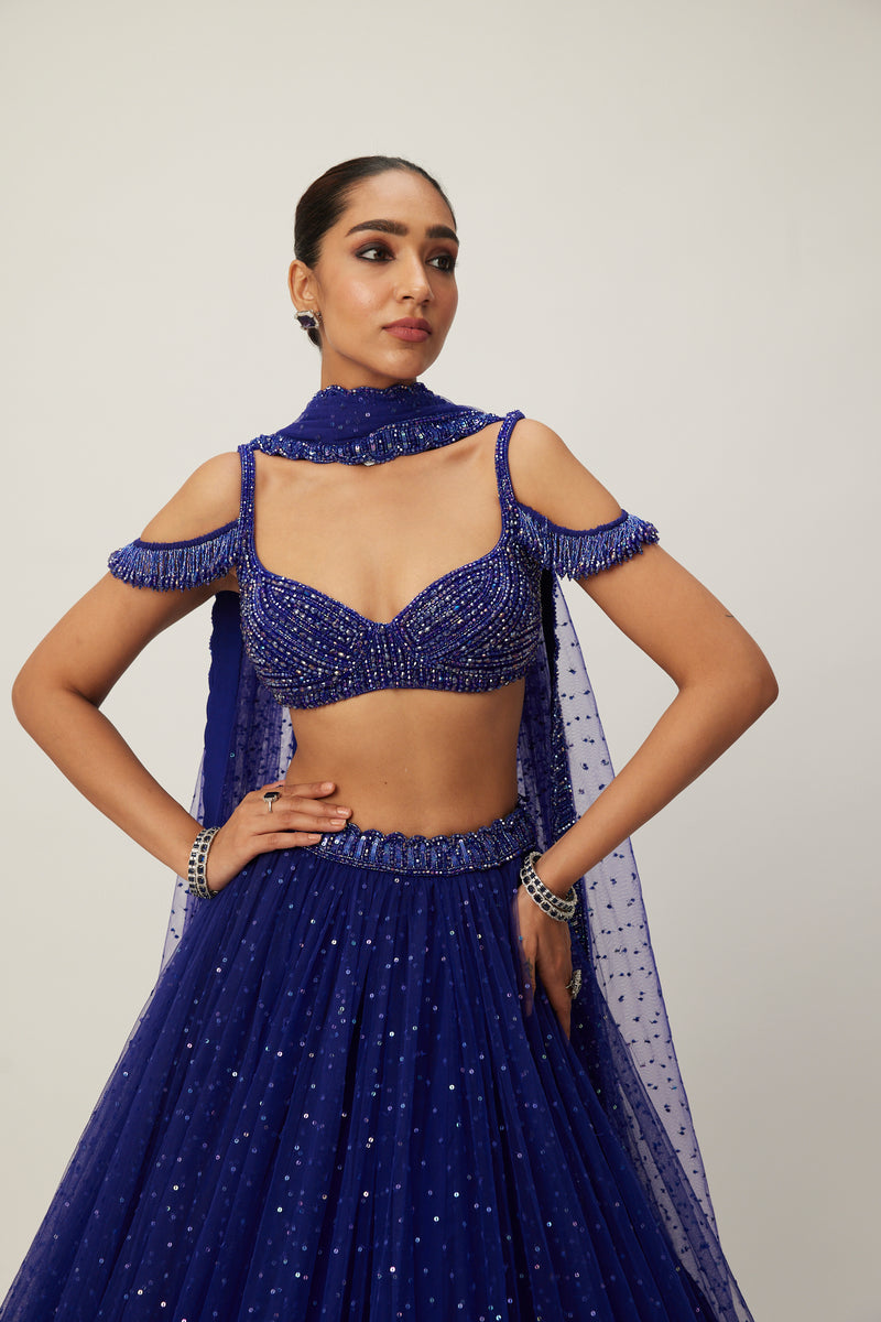 Cocktail Blue Sequins Scattered Tulle Lehenga Set