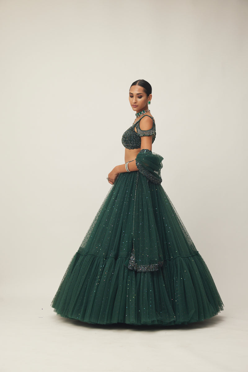 Dark Jade Green Sequins Scattered Tulle Lehenga Set