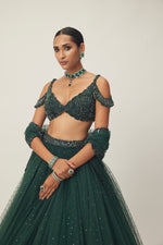 Dark Jade Green Sequins Scattered Tulle Lehenga Set