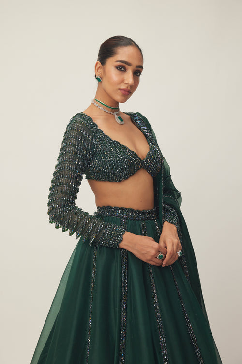 Dark Jade Green Organza Lehenga Set