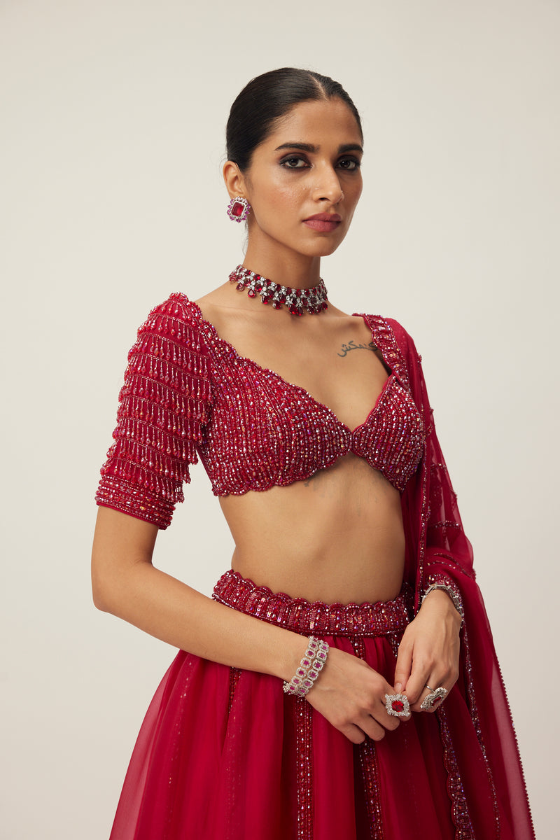 Ruby Red Organza Lehenga set