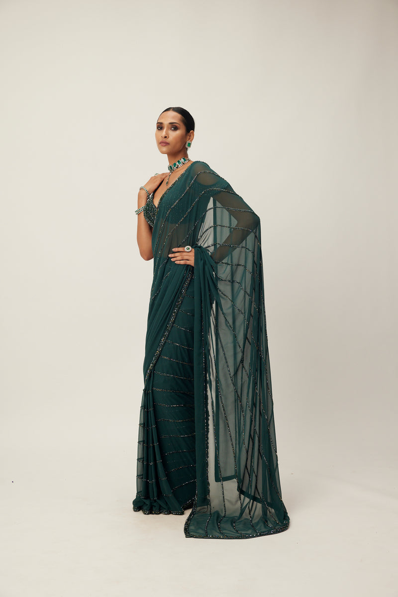 Dark Jade Green Crystal Linear Embroidered Saree