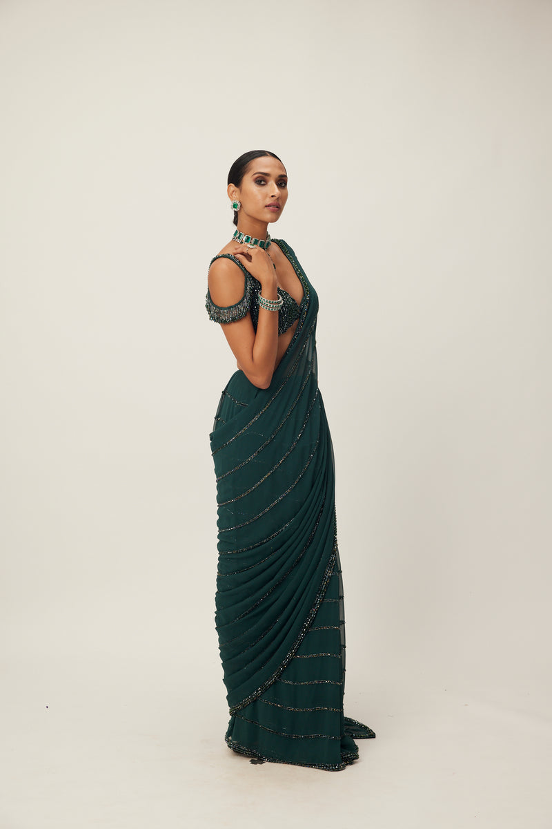 Dark Jade Green Crystal Linear Embroidered Saree