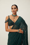 Dark Jade Green Crystal Linear Embroidered Saree