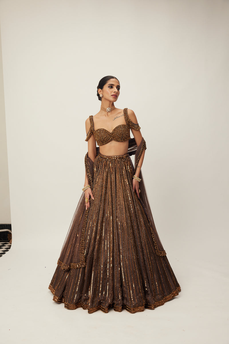 Copper crystal Linear embroidered Lehenga set