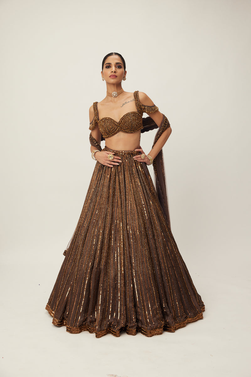 Copper crystal Linear embroidered Lehenga set