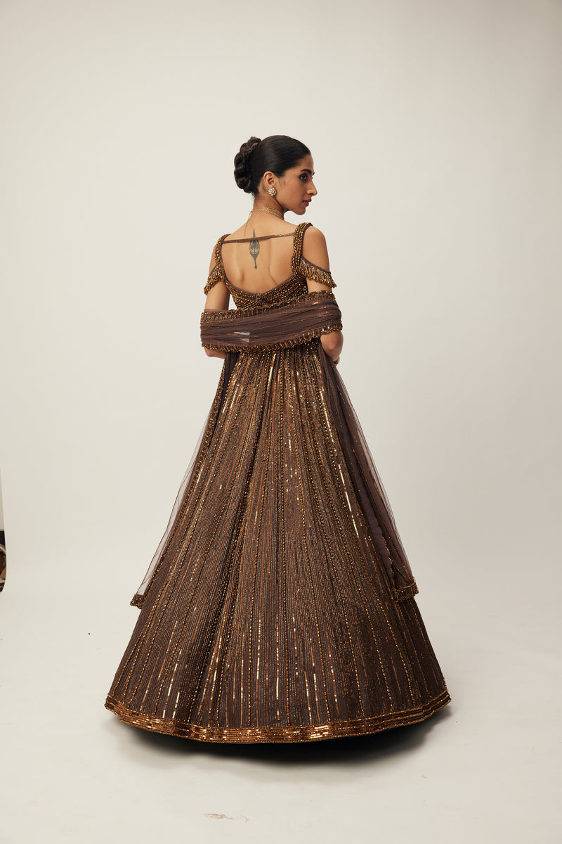 Copper crystal Linear embroidered Lehenga set