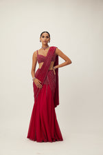 Ruby Red Pre Draped Crystal Embellished Saree Set