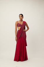 Ruby Red Pre Draped Crystal Embellished Saree Set