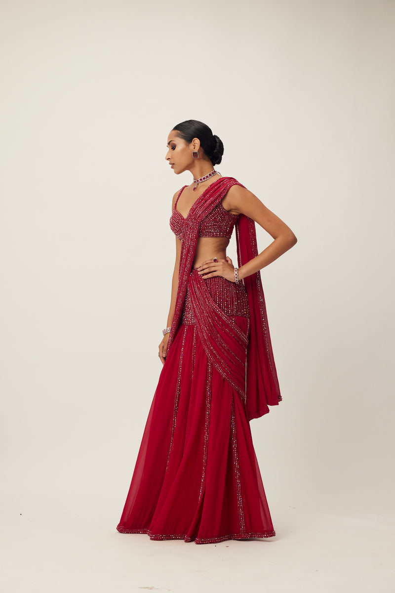 Ruby Red Pre Draped Crystal Embellished Saree Set