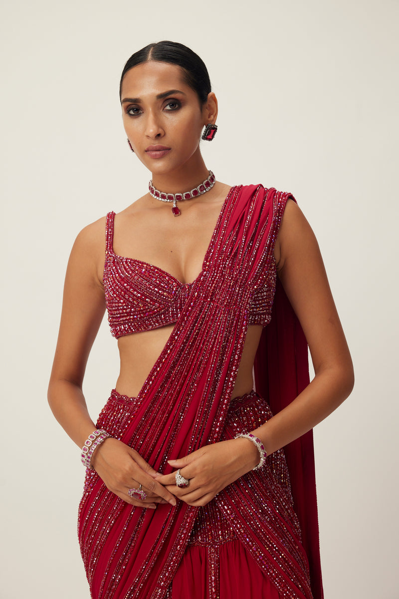 Ruby Red Pre Draped Crystal Embellished Saree Set