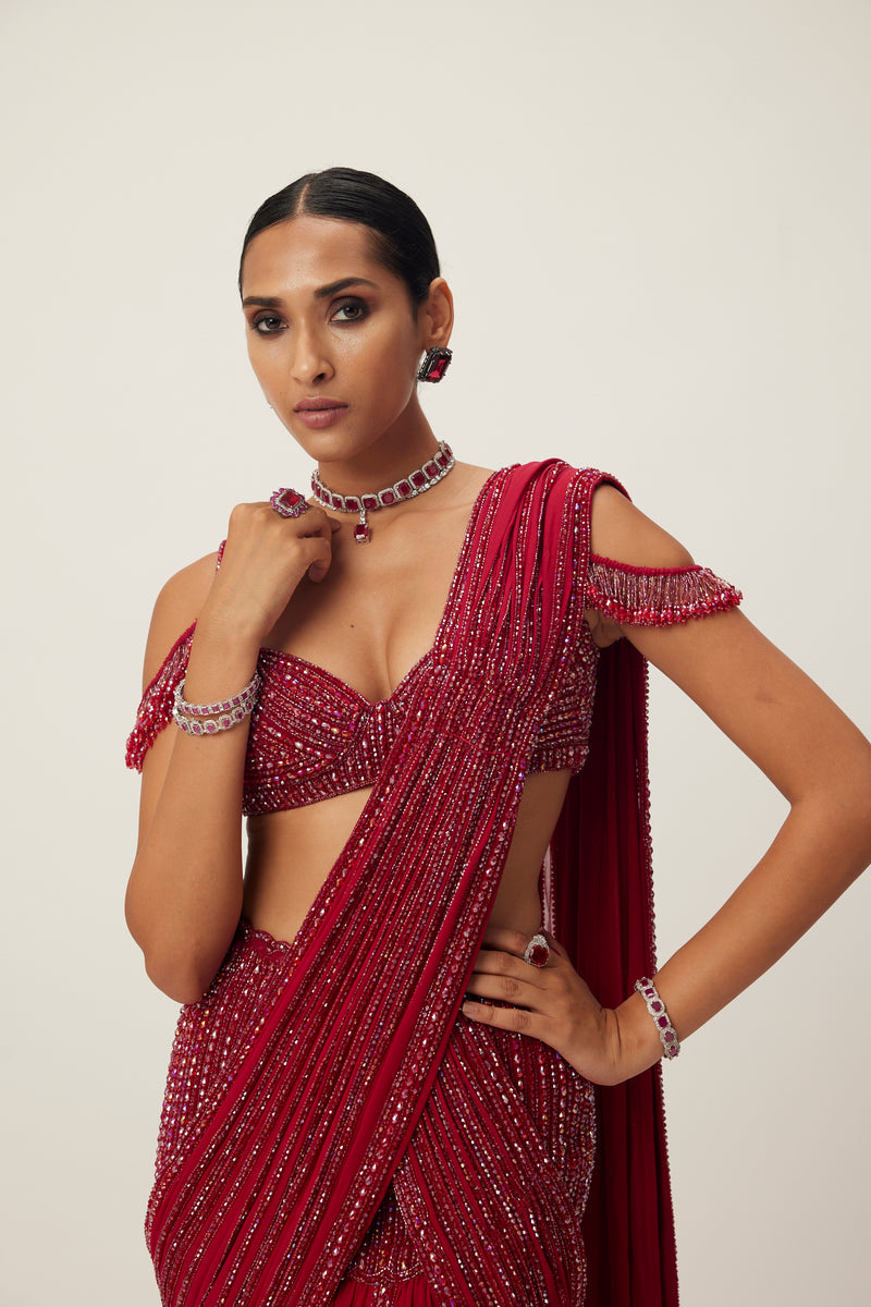 Ruby Red Pre Draped Crystal Embellished Saree Set