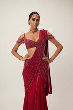 Ruby Red Pre Draped Crystal Embellished Saree Set