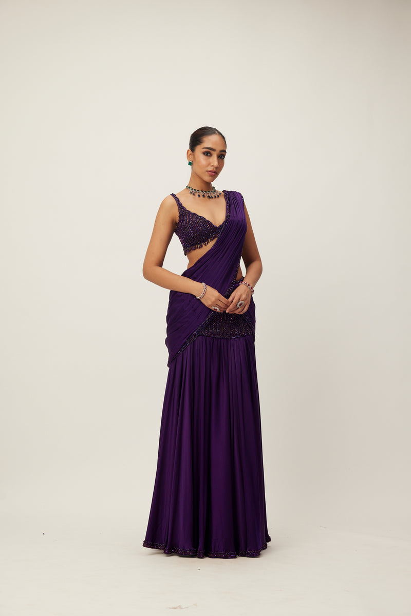 Royalty Purple Pre Draped Crystal beaded Saree Set