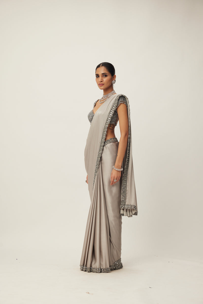 Crystal Grey Satin Saree Set