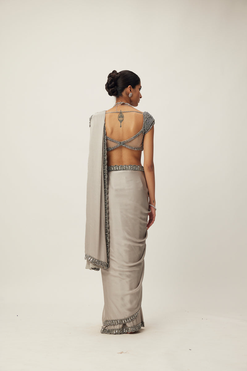 Crystal Grey Satin Saree Set