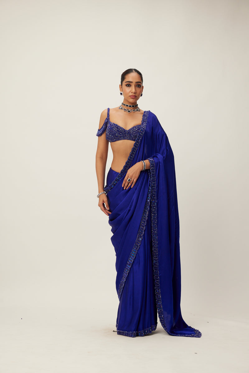 Cocktail Blue Satin Saree Set