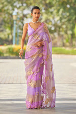 Mauve multicolor Flower Saree Set