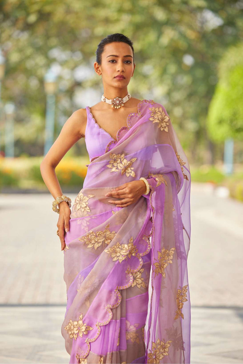 Mauve multicolor Flower Saree Set