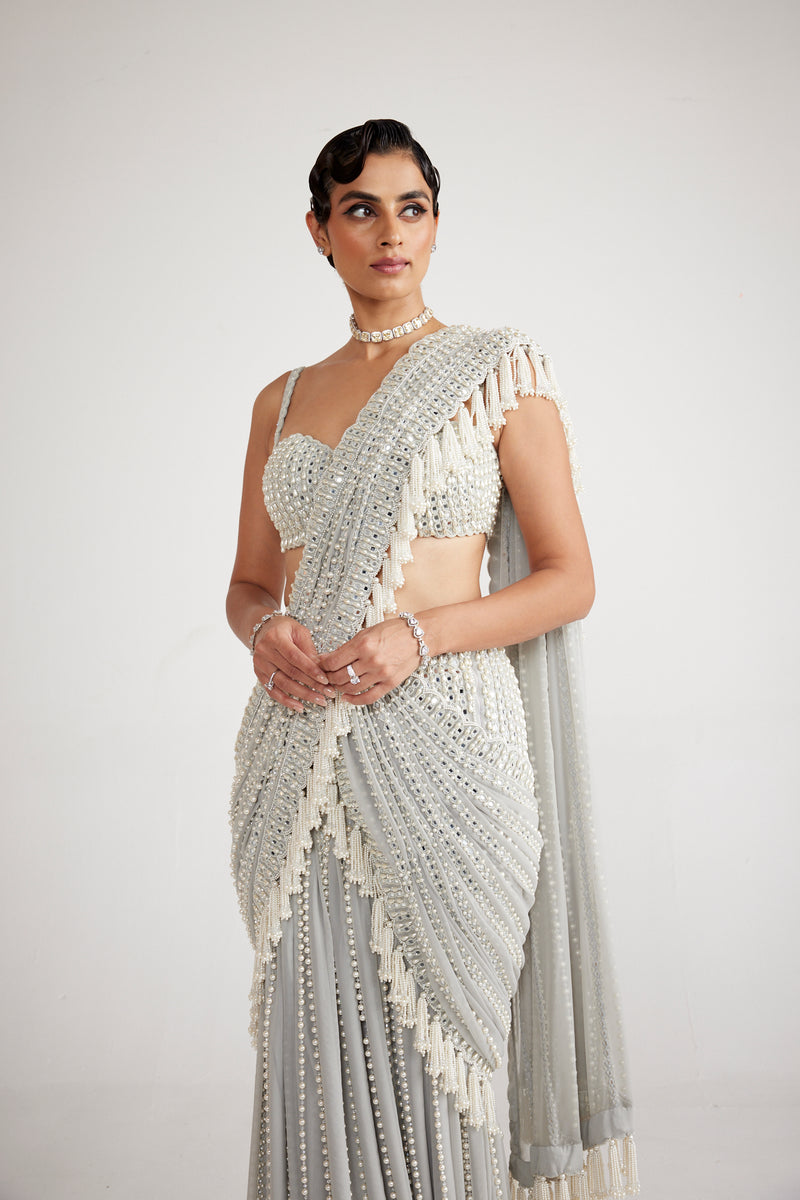 Powder Grey Chandelier Pearl Drop Saree Set