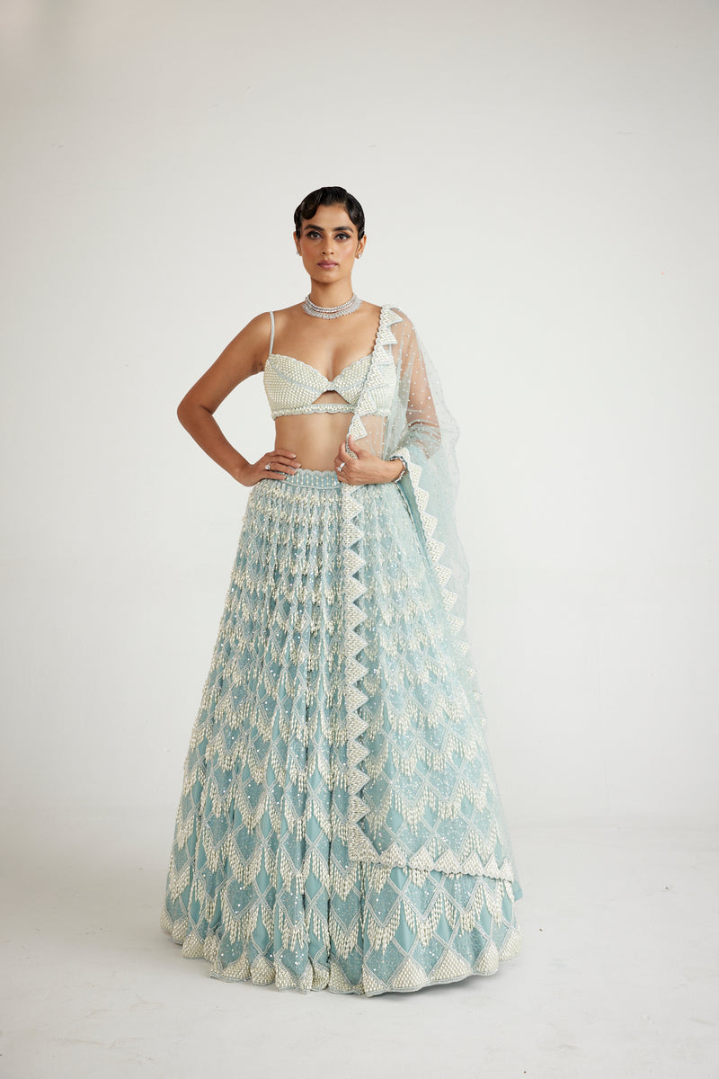 Powder Blue Chandelier Pearl Drop Lehenga Set