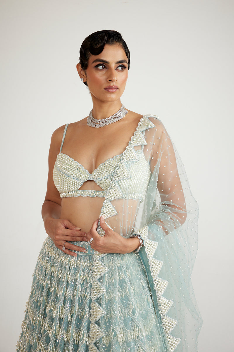 Powder Blue Chandelier Pearl Drop Lehenga Set