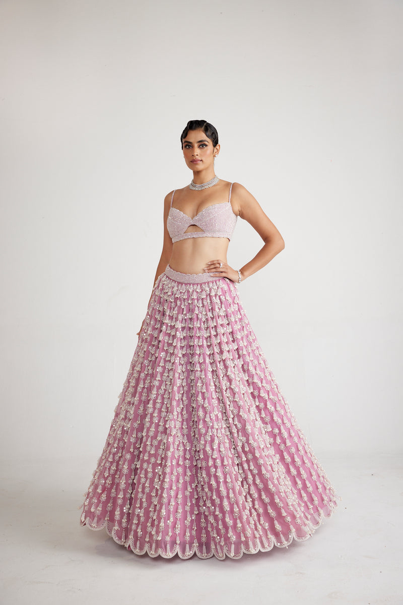 Onion Pink Chandelier Pearl Drop Lehenga Set