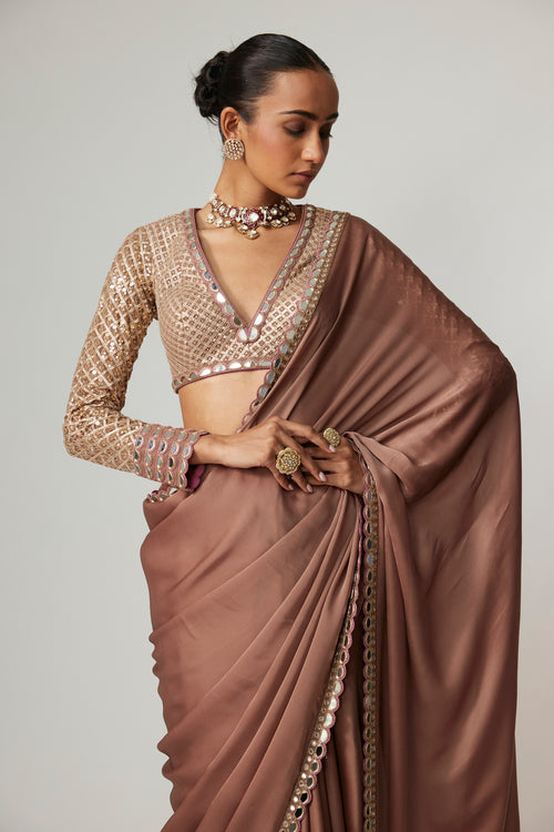 Deep Beige Satin Saree Set