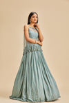 GREY SEQUINS LEHENGA WITH BUSTIER AND NET TOP