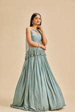 GREY SEQUINS LEHENGA WITH BUSTIER AND NET TOP