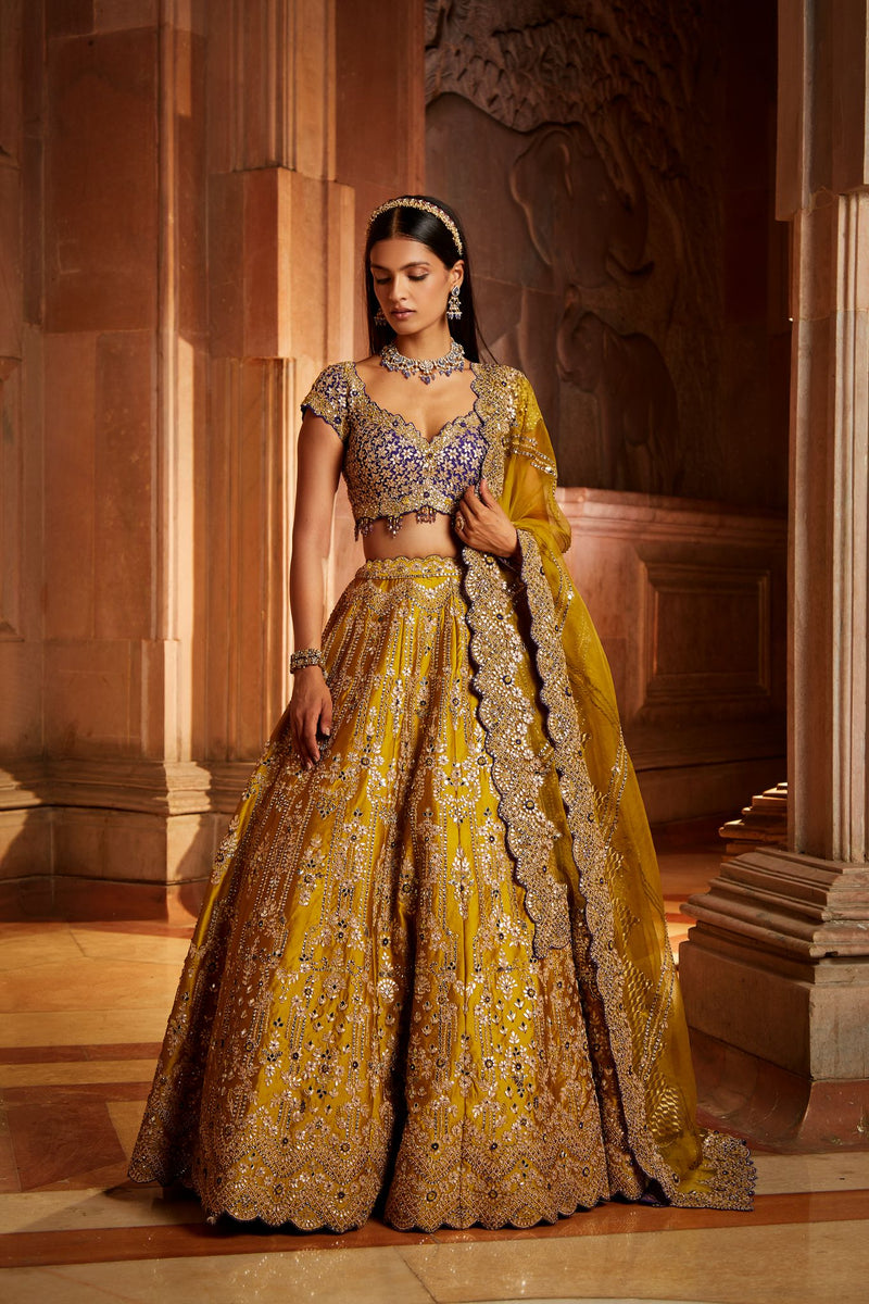 MUSTARD TAFETTA LEHENGA PURPLE CHOLI ORGANZA SET