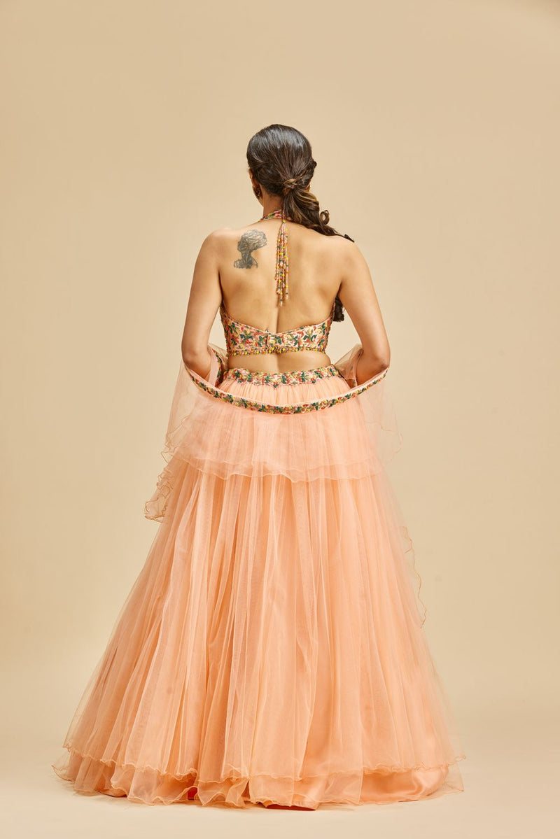 PEACH GATHERED LEHENGA SET