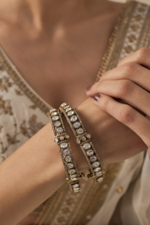 Florence Gold Plated Green Womens Kundan, Polki Pair of Bangles