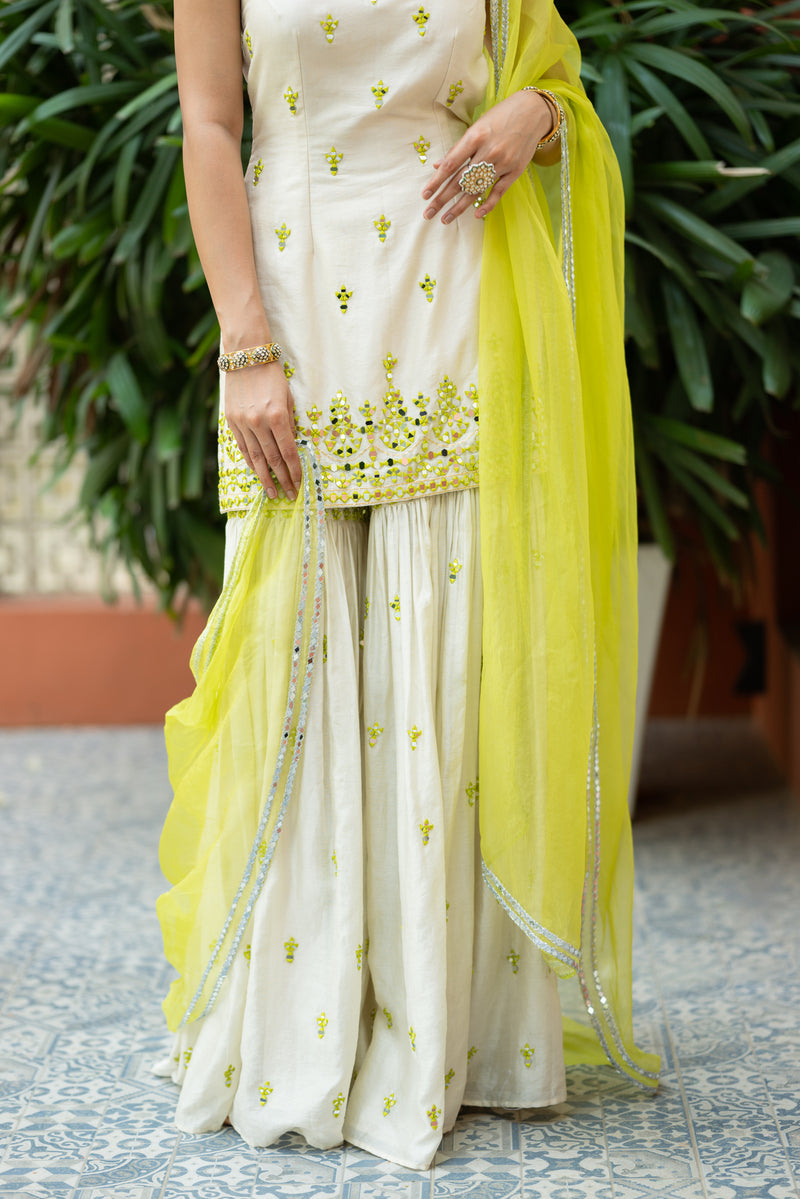 Off White Green Embroidered Sharara