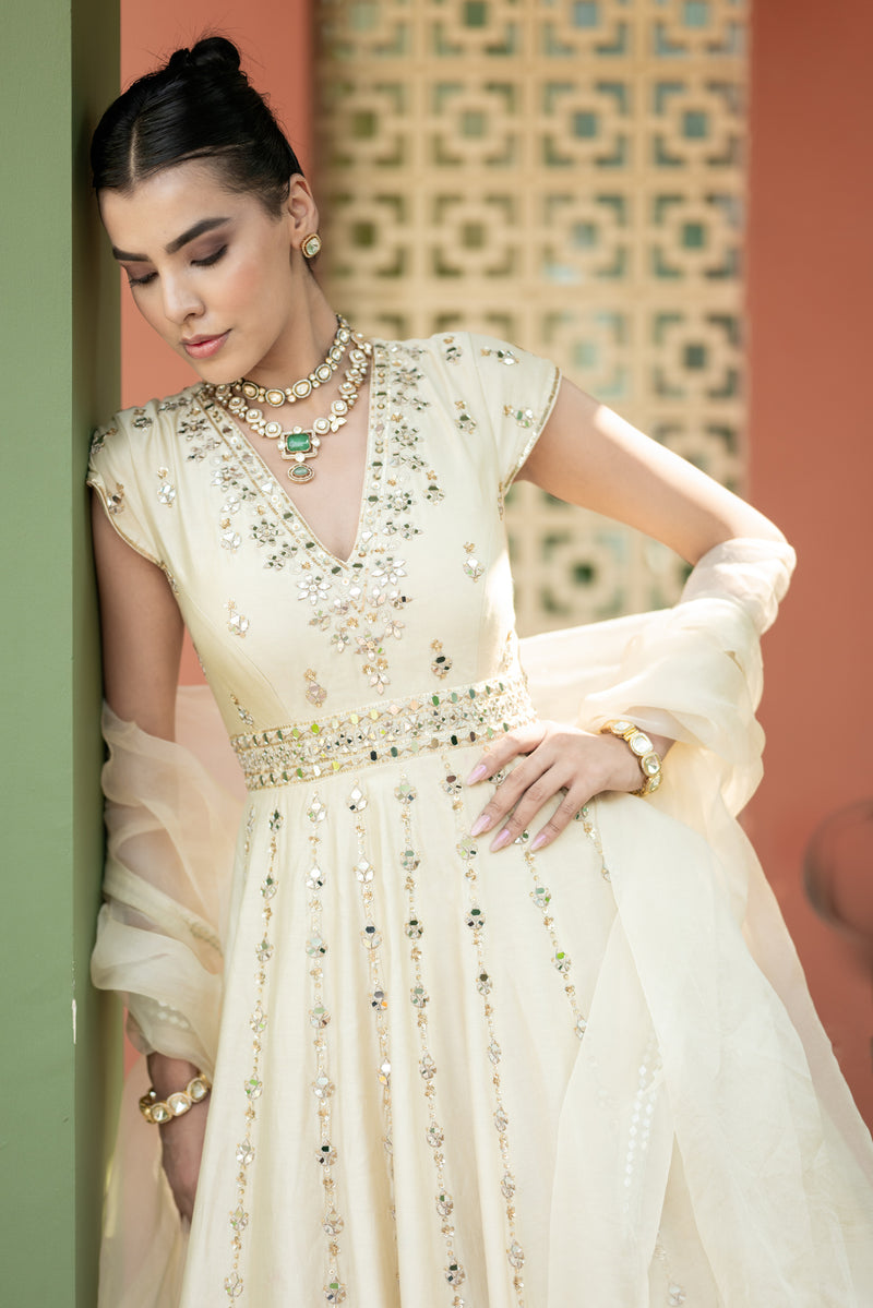 Off White Mirror Anarkali Set