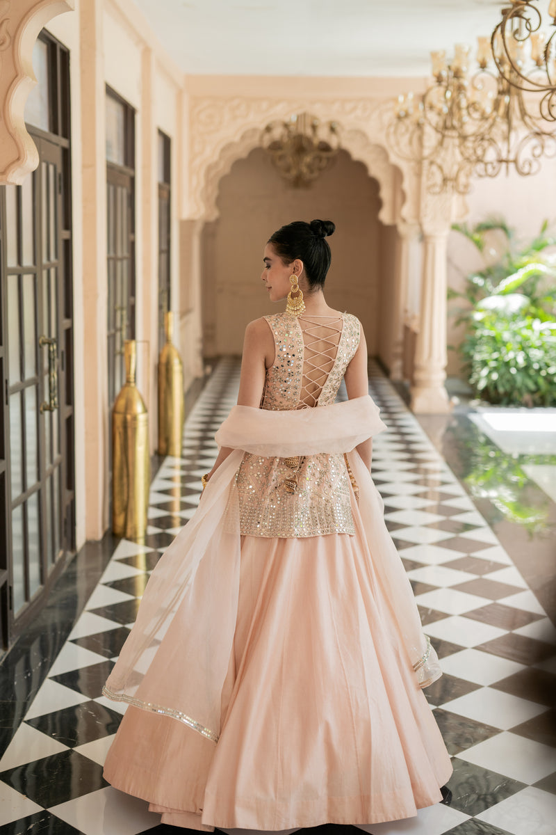 Pink Skirt Set with Chanderi Lehenga and Dupatta