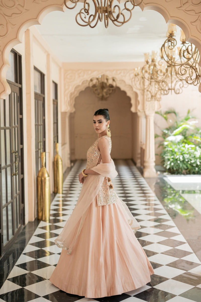 Pink Skirt Set with Chanderi Lehenga and Dupatta