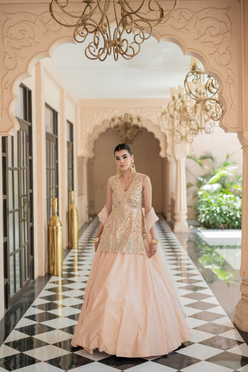 Pink Skirt Set with Chanderi Lehenga and Dupatta