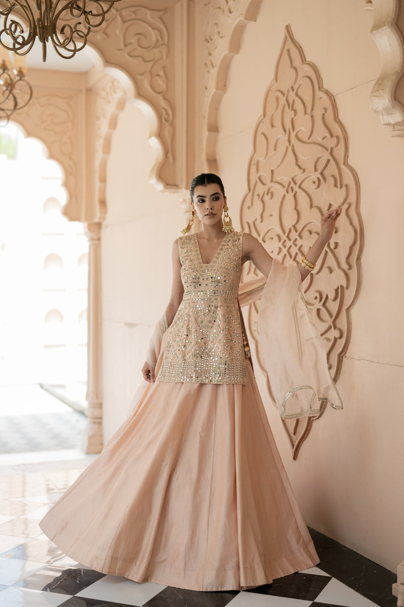 Pink Skirt Set with Chanderi Lehenga and Dupatta